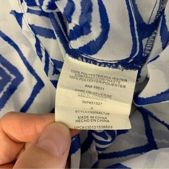 Takara Womens Blouse Small Blue White Top Printed Boho Workwear Chic - Picture 5 of 5